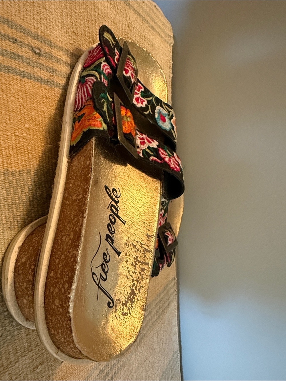 Free People Metallic Gold Footbed Sandals with Black Floral Straps